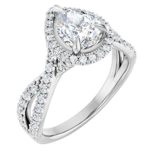Pear White Gold Twist Band Halo Lab Diamond Engagement Ring  
