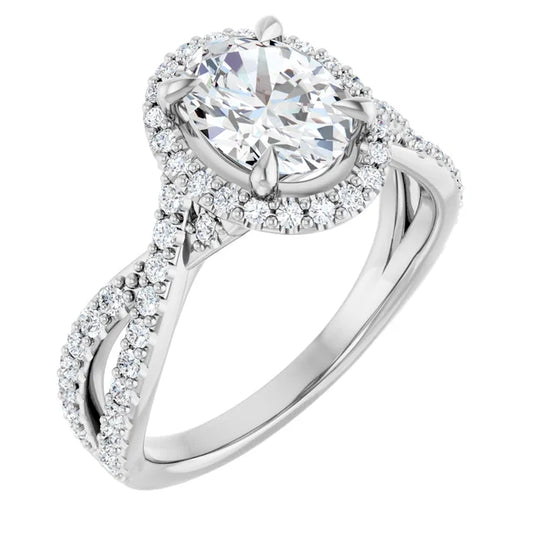 Oval White Gold Twist Band Halo Lab Diamond Engagement Ring  
