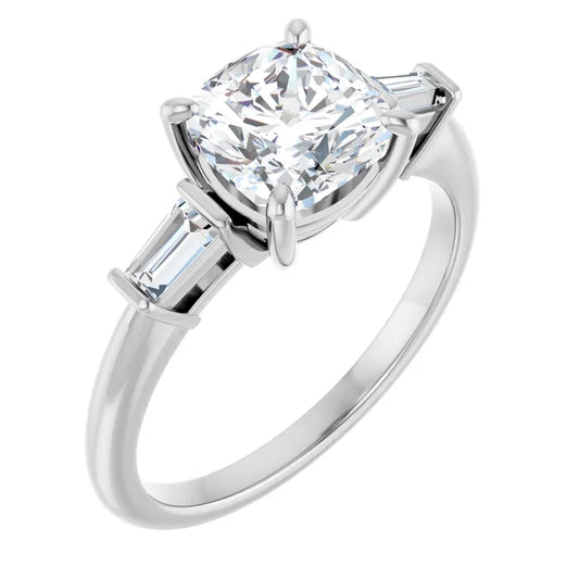 Cushion White Gold Baguette Accent Lab Diamond Engagement Ring 