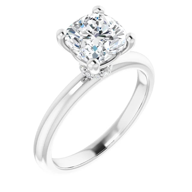 Cushion Cut Low Hidden Halo Solitaire Engagement Ring