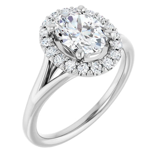 Oval White Gold Halo Solitaire Split Band Lab Diamond Engagement Ring 