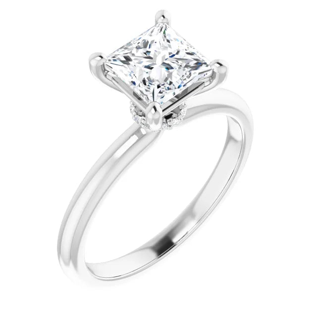 Princess Cut White Gold Low Hidden Halo Solitaire Engagement Ring