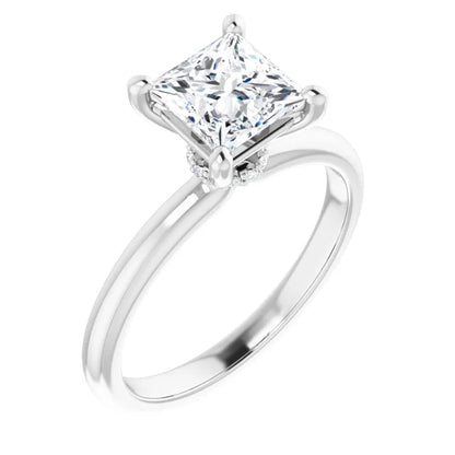 Princess Cut White Gold Low Hidden Halo Solitaire Engagement Ring