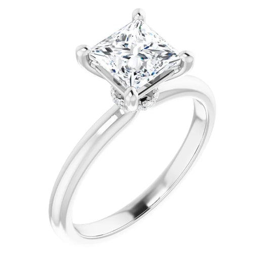 Princess Cut White Gold Low Hidden Halo Solitaire Engagement Ring