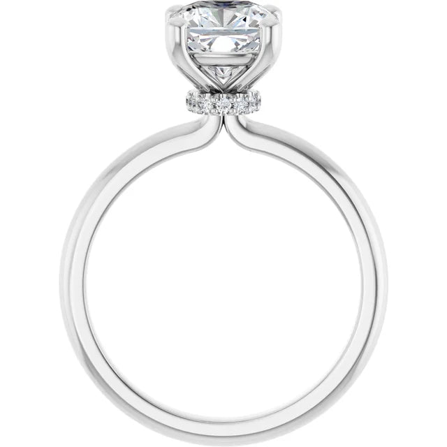 Cushion Cut White Gold Low Hidden Halo Solitaire Engagement Ring