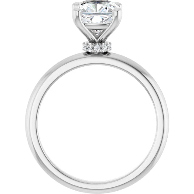 Cushion Cut White Gold Low Hidden Halo Solitaire Engagement Ring