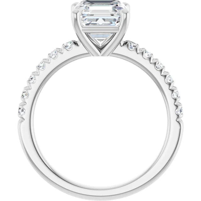 Asscher Four Claw Pave White Gold Engagement Ring 