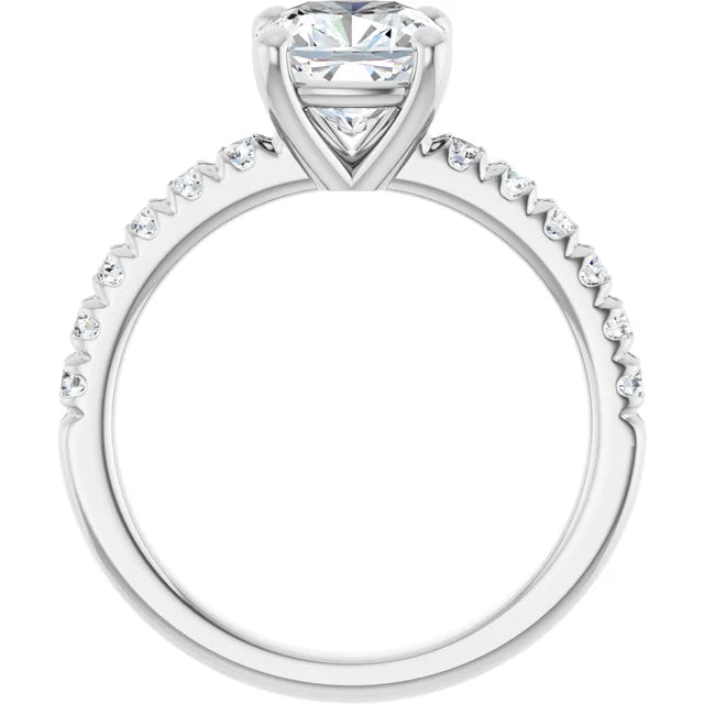 Cushion Four Claw Pave White Gold Engagement Ring 
