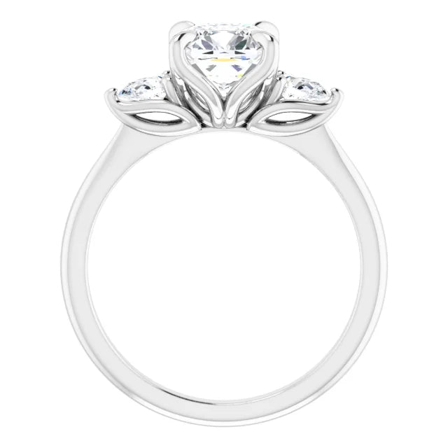 Cushion White Gold Tri -Stone Style Pear Accent Engagement Ring