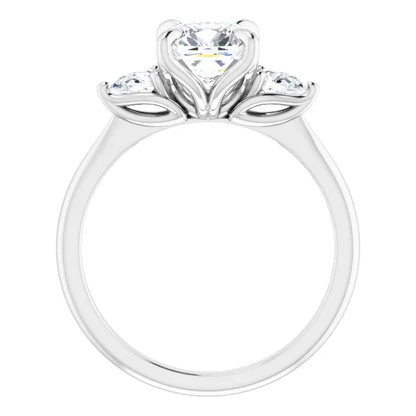 Cushion White Gold Tri -Stone Style Pear Accent Engagement Ring