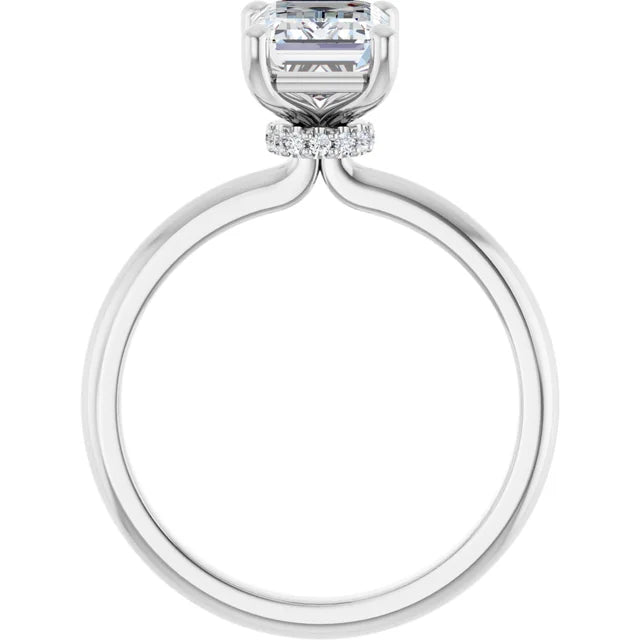 Emerald Cut White Gold Low Hidden Halo Solitaire Engagement Ring