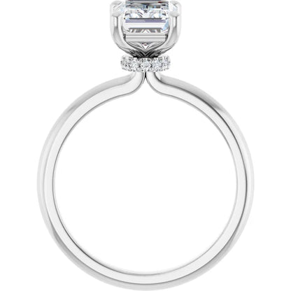Emerald Cut White Gold Low Hidden Halo Solitaire Engagement Ring