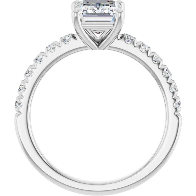 Emerald Four Claw Pave White Gold Engagement Ring 