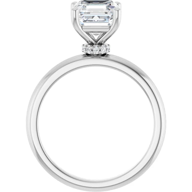 Asscher Cut White Gold Low Hidden Halo Solitaire Engagement Ring