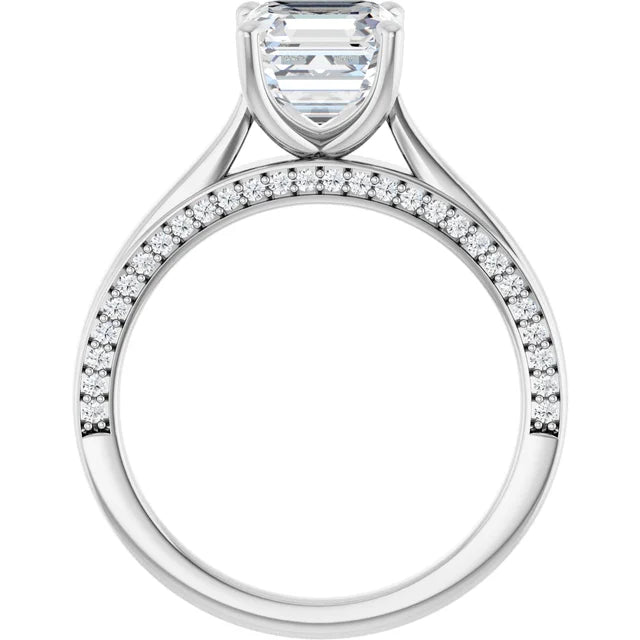 Asscher White Gold Solitaire & Hidden Diamond Band Engagement Ring