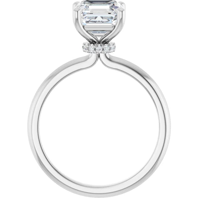 Asscher Cut White Gold Low Hidden Halo Solitaire Engagement Ring