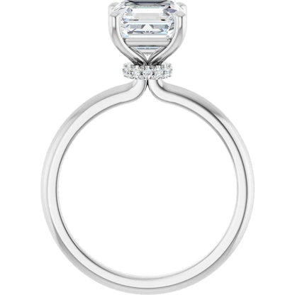 Asscher Cut White Gold Low Hidden Halo Solitaire Engagement Ring