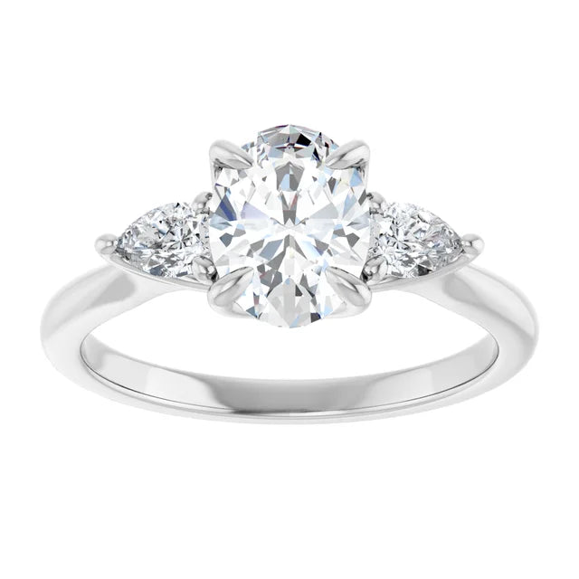 Oval White Gold Tri -Stone Style Pear Accent Engagement Ring
