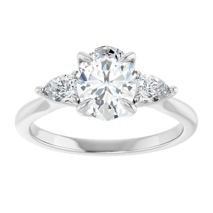 Oval White Gold Tri -Stone Style Pear Accent Engagement Ring