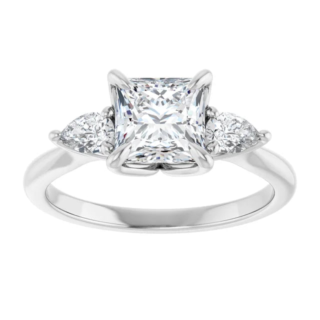 Princess White Gold Tri -Stone Style Pear Accent Engagement Ring
