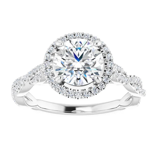 Round Brilliant White Gold Halo Twist Pave Moissanite Engagement Ring 