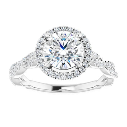Round Brilliant White Gold Halo Twist Pave Moissanite Engagement Ring 