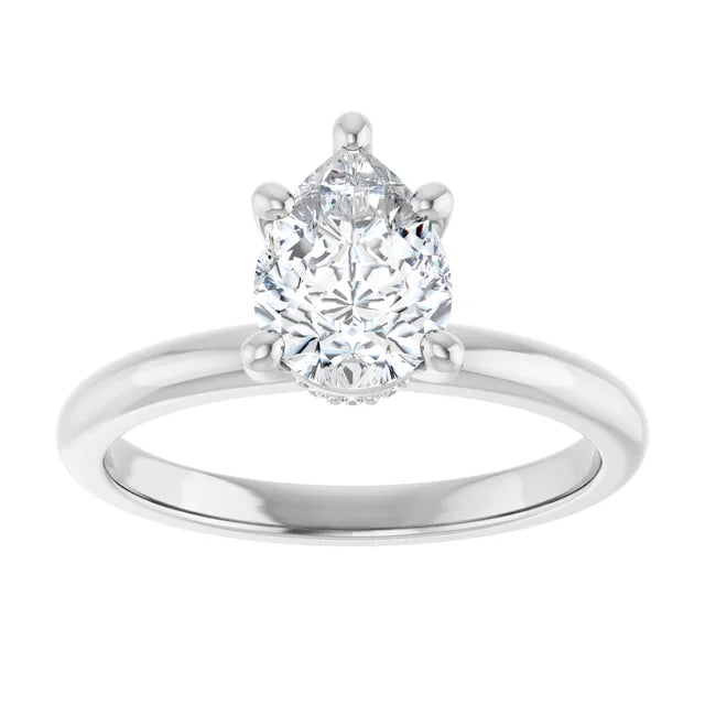 Pear Cut White Gold Low Hidden Halo Solitaire Engagement Ring