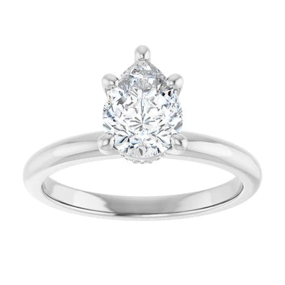 Pear Cut White Gold Low Hidden Halo Solitaire Engagement Ring