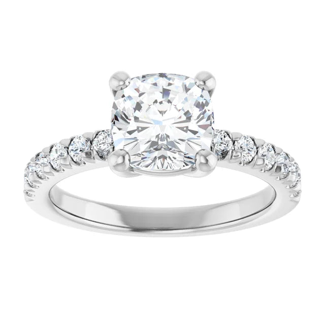 Cushion Four Claw Pave White Gold Engagement Ring 