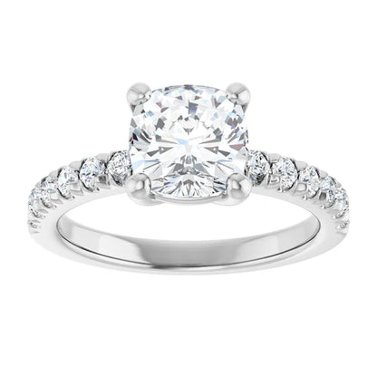Cushion Four Claw Pave White Gold Engagement Ring 