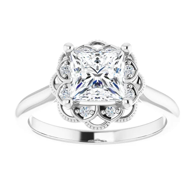 Princess White Gold Antique Inspired Design Engagement Ring