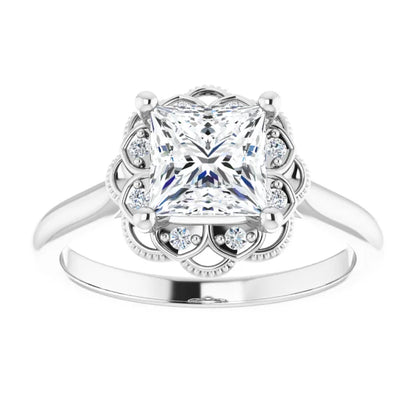 Princess White Gold Antique Inspired Design Engagement Ring