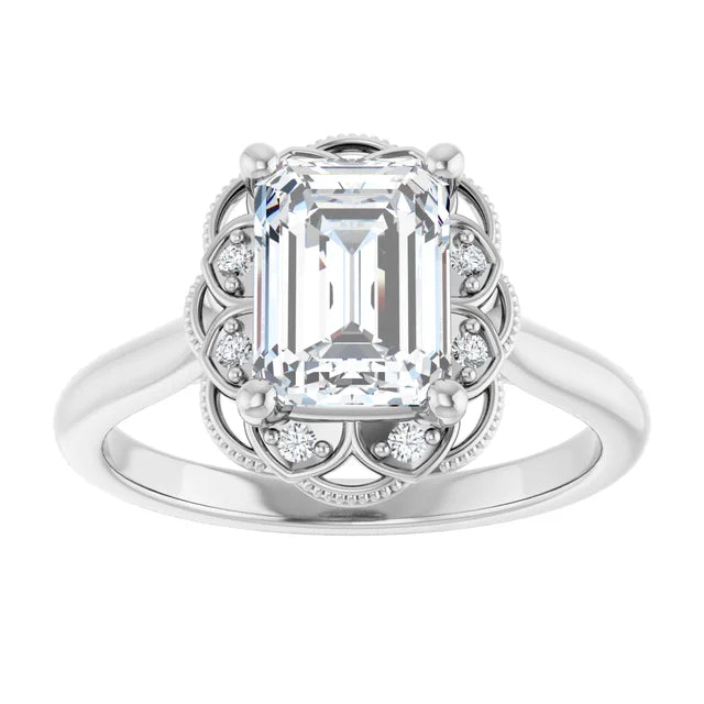 Emerald White Gold Antique Inspired Design Engagement Ring