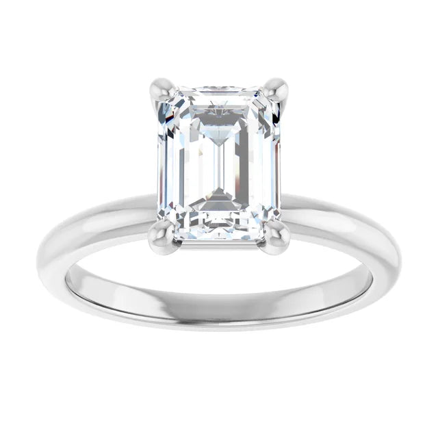 Emerald Cut White Gold Low Hidden Halo Solitaire Engagement Ring