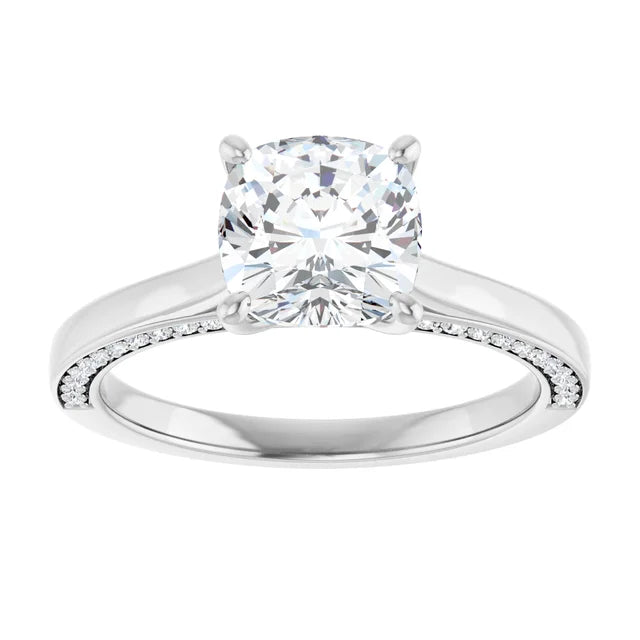 Cushion White Gold Solitaire & Hidden Diamond Band Engagement Ring