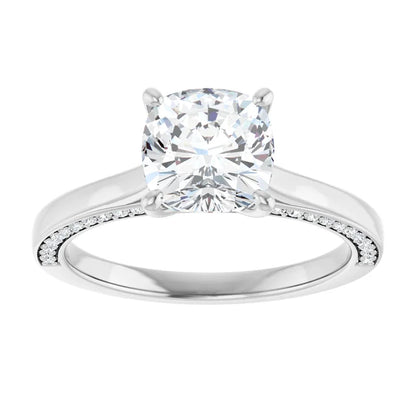 Cushion White Gold Solitaire & Hidden Diamond Band Engagement Ring