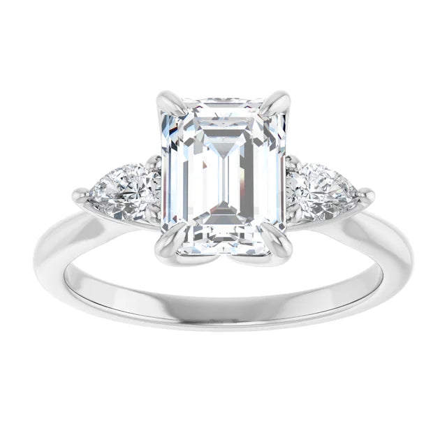 Emerald White Gold Tri -Stone Style Pear Accent Engagement Ring
