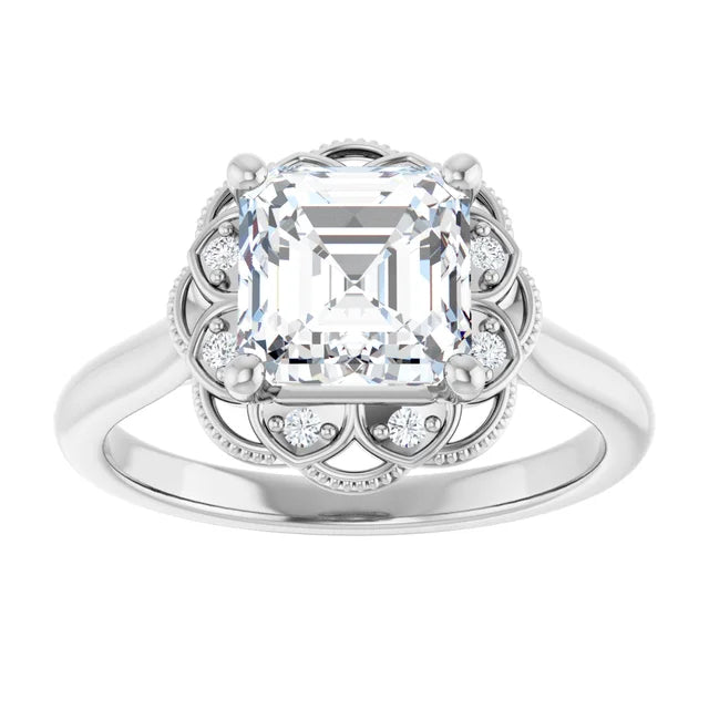 Asscher White Gold Antique Inspired Design Engagement Ring