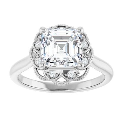 Asscher White Gold Antique Inspired Design Engagement Ring