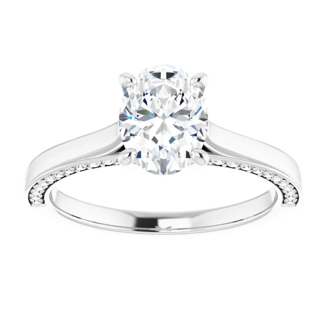 Oval White Gold Solitaire & Hidden Diamond Band Engagement Ring