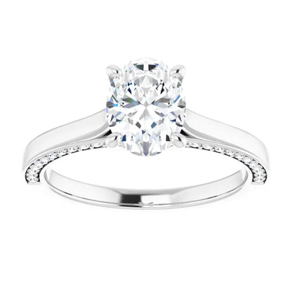 Oval White Gold Solitaire & Hidden Diamond Band Engagement Ring