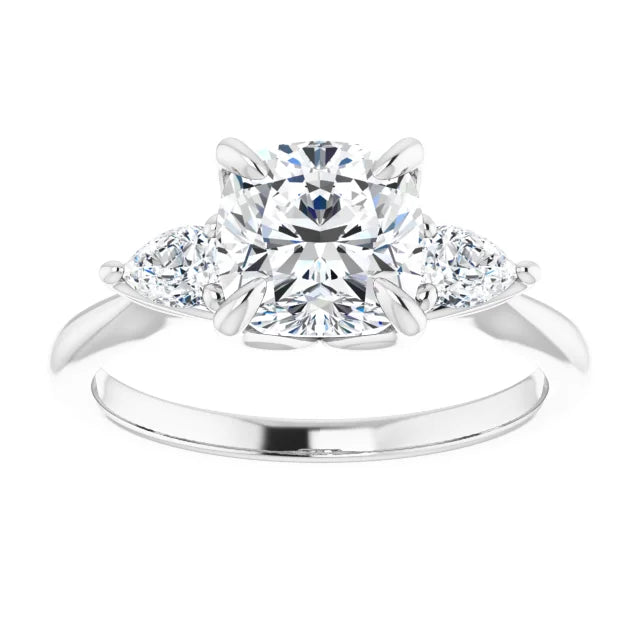 Cushion White Gold Tri -Stone Style Pear Accent Engagement Ring