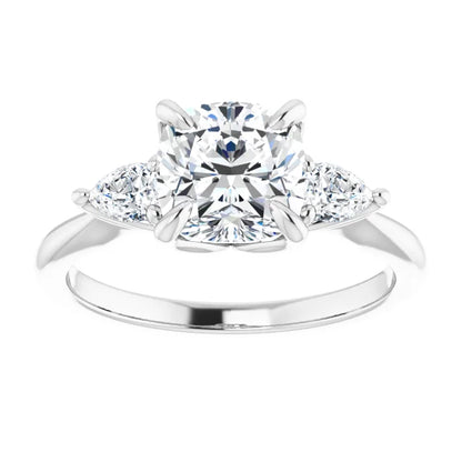 Cushion White Gold Tri -Stone Style Pear Accent Engagement Ring