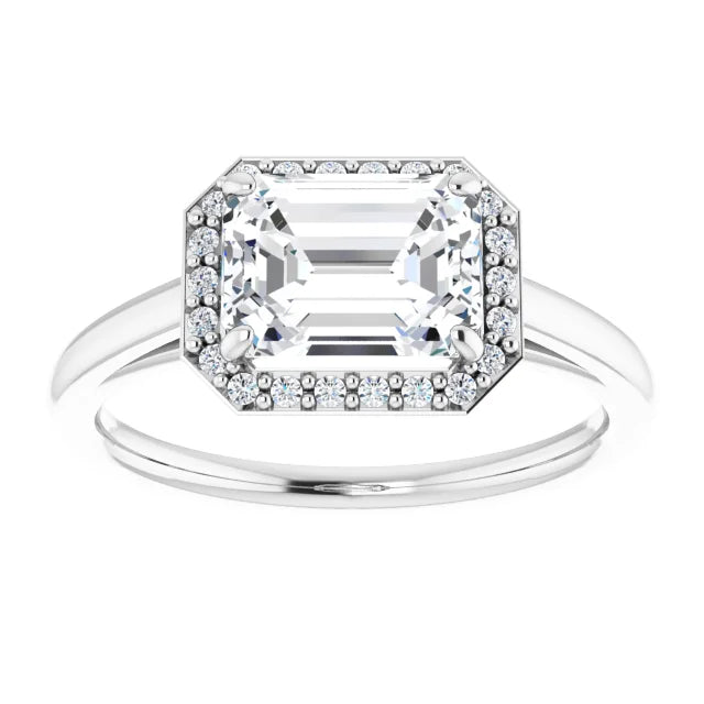 Emerald White Gold East West Halo Style Engagement Ring