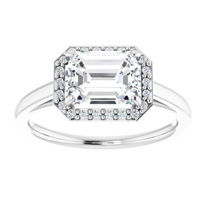 Emerald White Gold East West Halo Style Engagement Ring