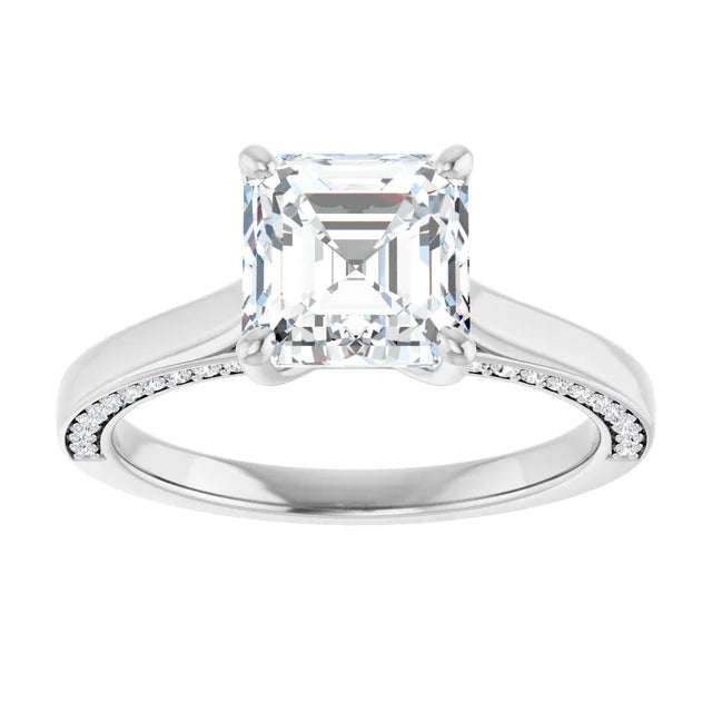 Asscher White Gold Solitaire & Hidden Diamond Band Engagement Ring