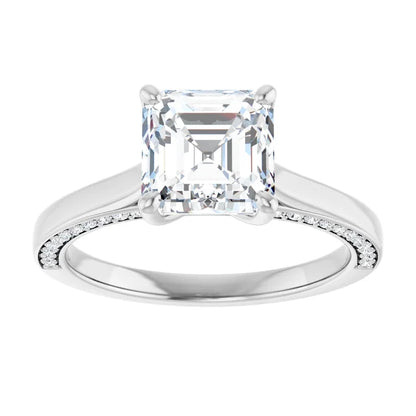 Asscher White Gold Solitaire & Hidden Diamond Band Engagement Ring