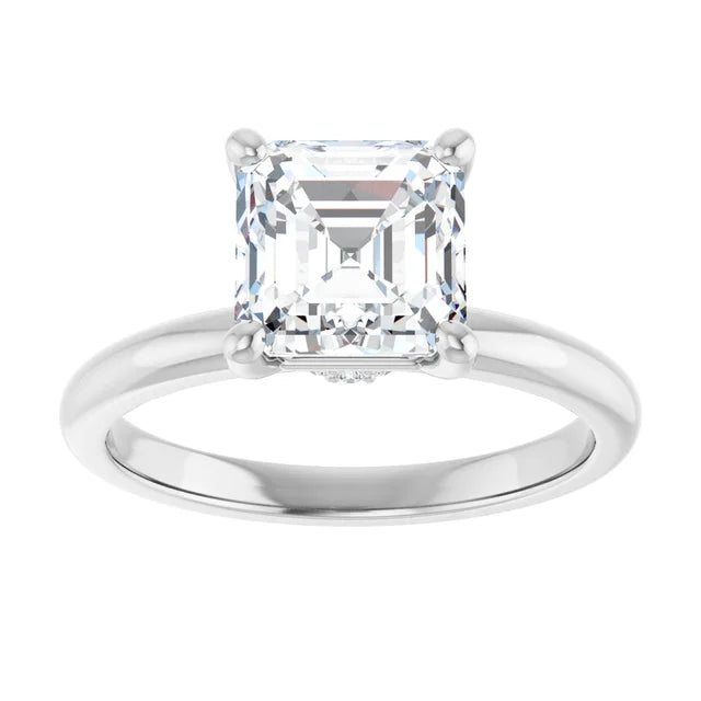Asscher Cut White Gold Low Hidden Halo Solitaire Engagement Ring