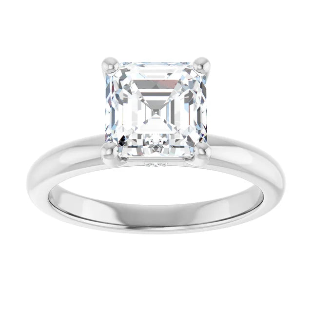 Asscher Cut White Gold Low Hidden Halo Solitaire Engagement Ring