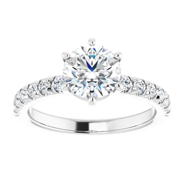 Round Brilliant Six Claw Pave White Gold Engagement Ring 